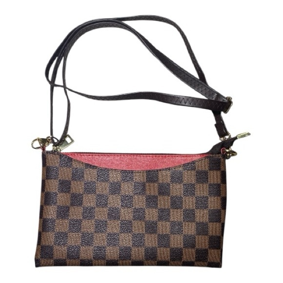 Stylish Checkered Crossbody Bag in Brown and Red - Picture 1 of 9